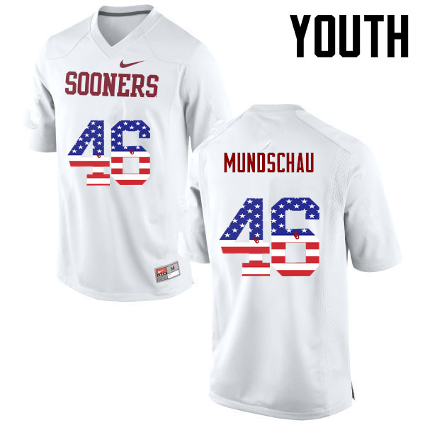 Youth Oklahoma Sooners #46 Reeves Mundschau College Football USA Flag Fashion Jerseys-White